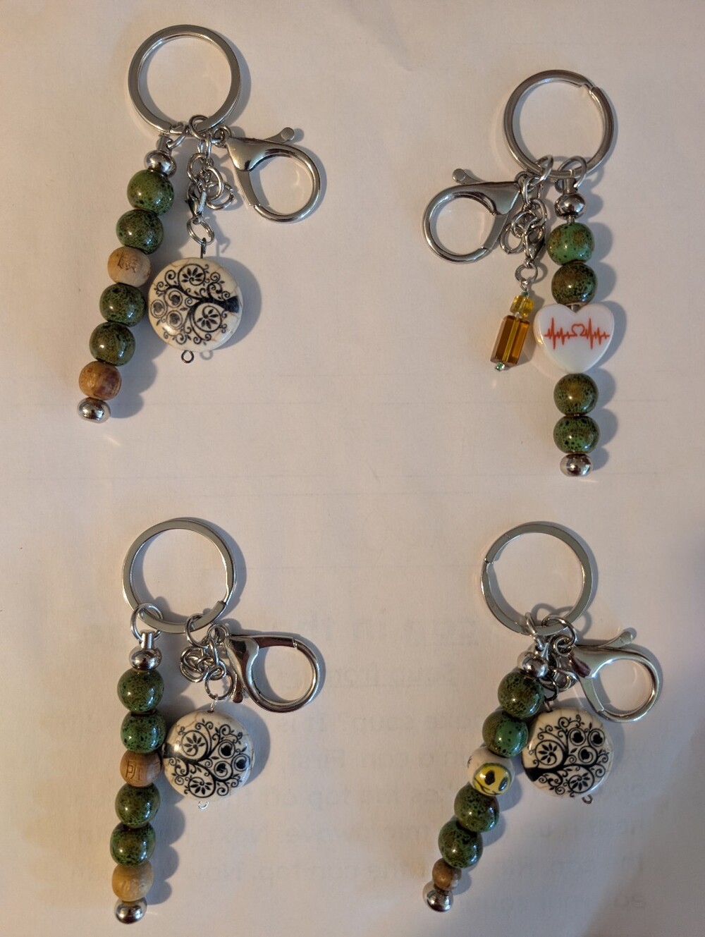 Beaded Green Wooden Keychain with Silver Charm - Women Accessories